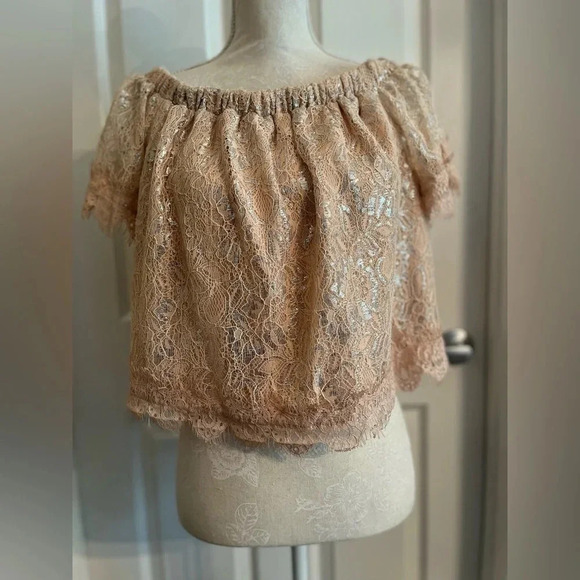 Revolve Endless Rose Off The Shoulder Shimmer light pink & silver top size M NWT - Picture 8 of 16